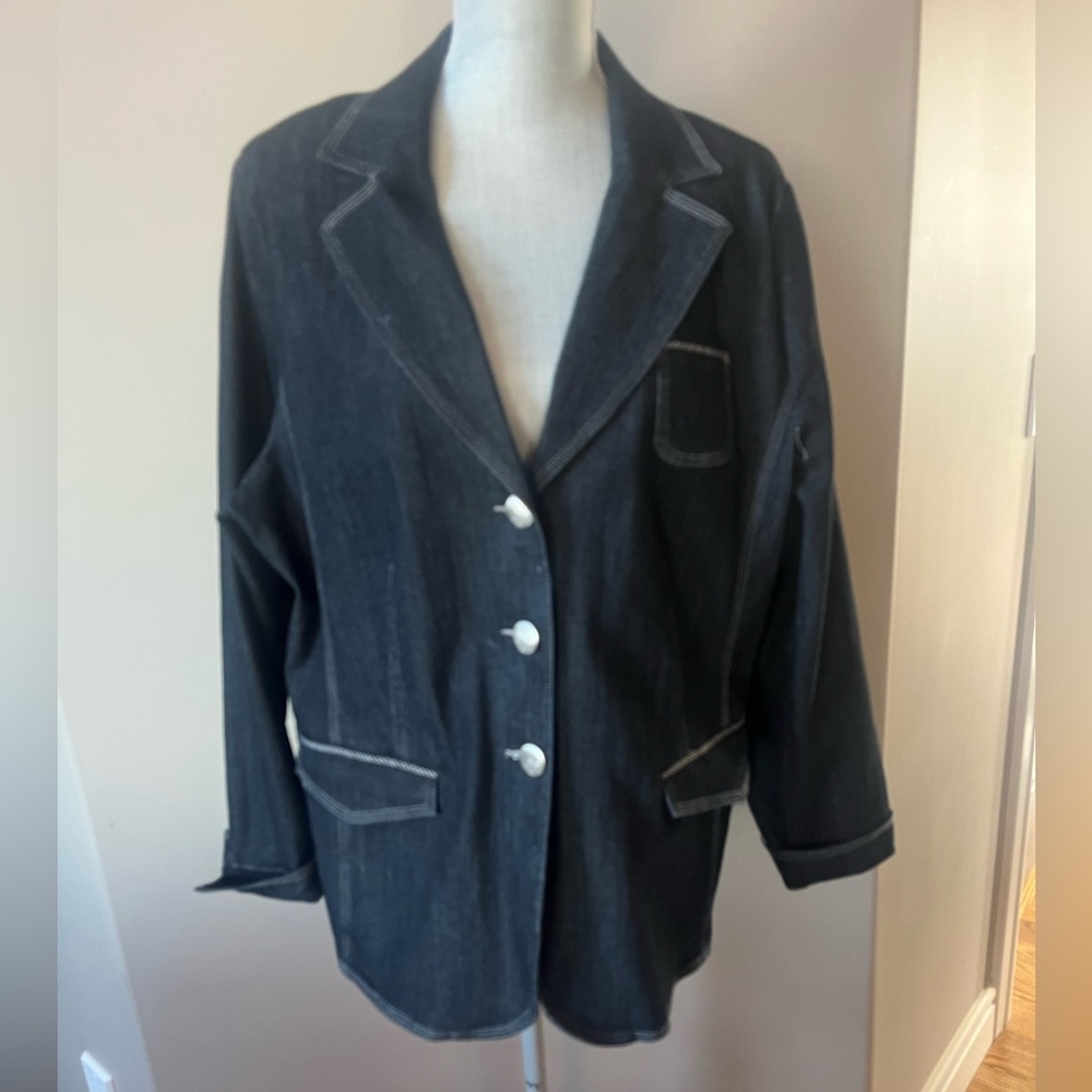 Denim Blazer-style Jacket with lightly contrasting stitching and Engraved Button